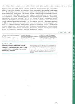 В журнале «Экспериментальная и клиническая дерматокосметология» №4 2013г. опубликована статья «Гендерные особенности применения ботулотоксина типа А»